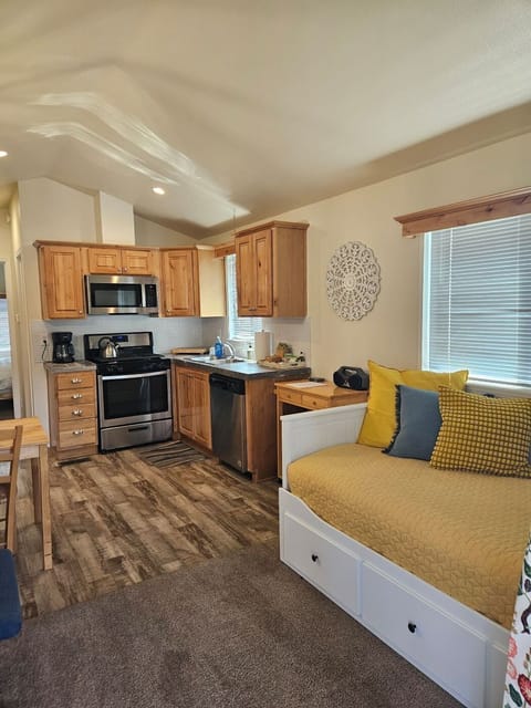 Fully stocked kitchen.