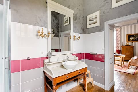 Shower, hydromassage showerhead, designer toiletries, hair dryer