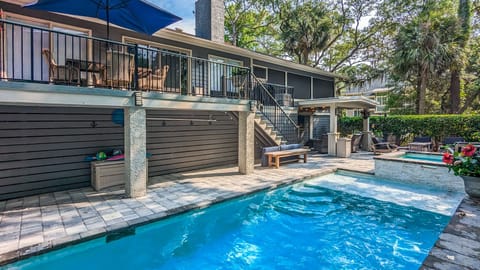 pool and spa, covered deck, lots of poolside space