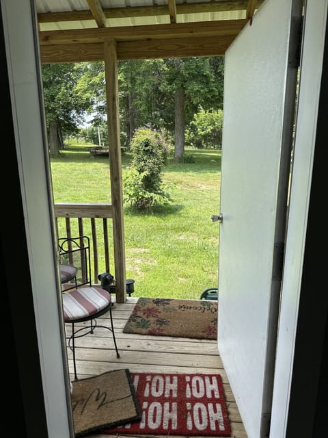 Looking out the front door at the front lawn