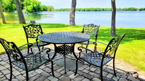 Patio table chairs and umbrella.