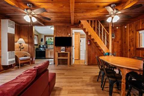 Warm wood tones and modern comfort, perfect for gathering after a day of adventure!