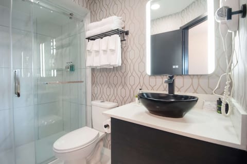 Shower, rainfall showerhead, free toiletries, hair dryer