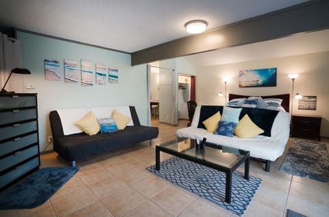 2 queen sofa beds, coffee table & space for yoga or workouts.