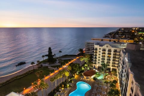 Outdoor pool, pool umbrellas, sun loungers