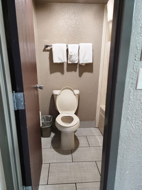 Combined shower/tub, towels, soap, shampoo