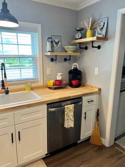 Nice coffee bar with Keurig coffee maker.