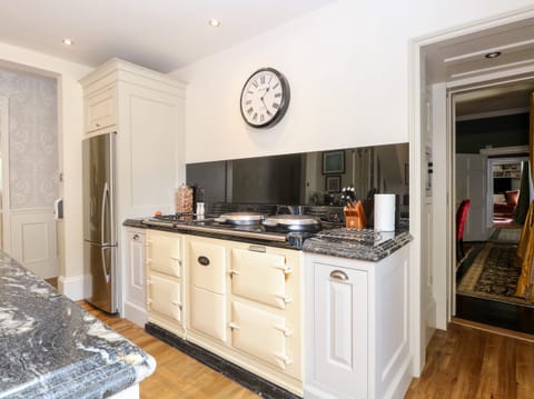 Fridge, electric kettle, toaster, cookware/dishes/utensils