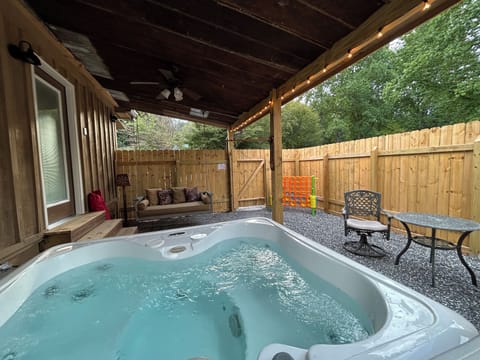 Private hot tub in fully fenced backyard perfect after exploring Bryson City, NC