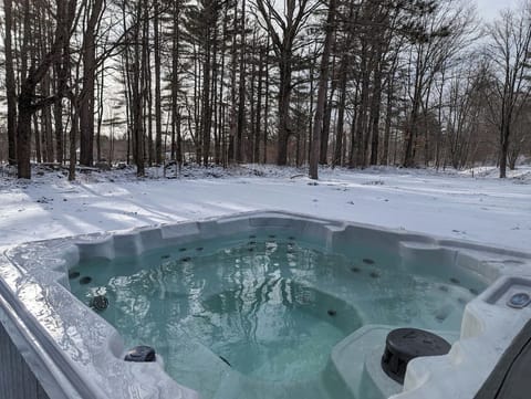 Brand new 8-person hot tub, surrounded by trees and mountain views
