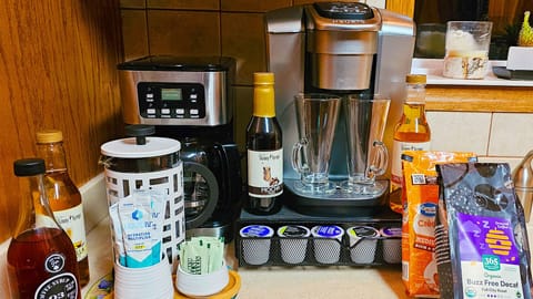 Coffee Station: Keurig, Pot, French Press, syrups, sweeteners, tea and decaf