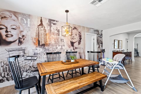 Dine in style with bold Marilyn art and a table set for fun and conversation.