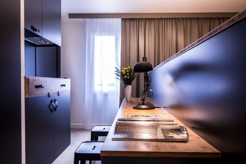 Mini-fridge, microwave, stovetop, espresso maker