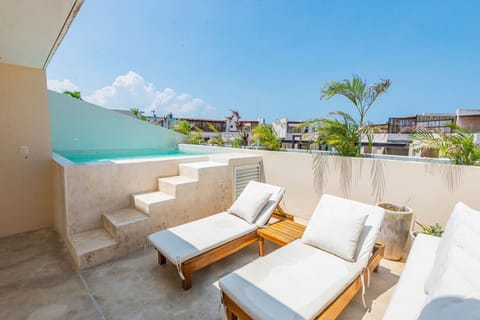 Rooftop features a terrace, private pool, and outdoor furniture.