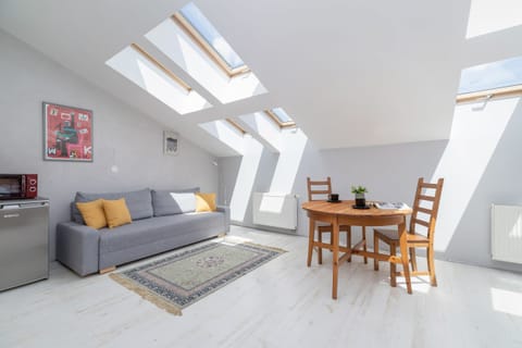 Spacious living area with skylights, a cozy gray sofa, and a dining table creating a bright and inviting space.

