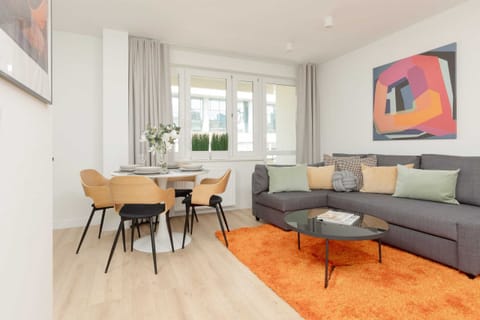 Bright living room with a gray sofa, orange rug, and modern decor, creating a cozy yet stylish ambiance.

