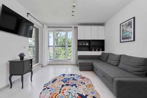 Modern living room with a comfortable grey sofa, colorful rug, and an open-plan kitchen.

