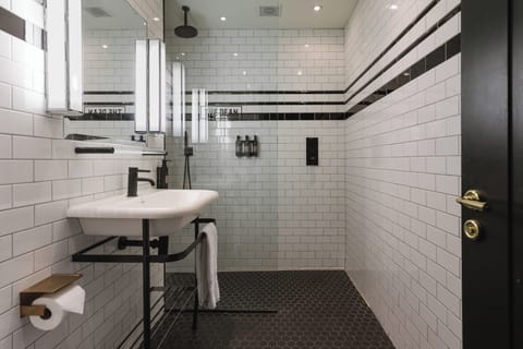 Shower, rainfall showerhead, free toiletries, hair dryer