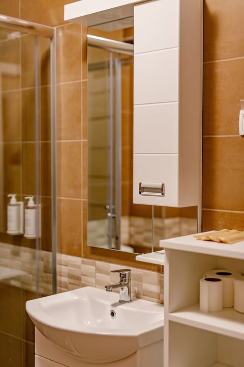 Comfort Double Room | Bathroom | Shower, hair dryer, slippers, towels