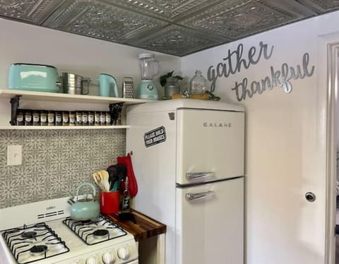 Stove, oven, fridge, small appliance and a row of spices.