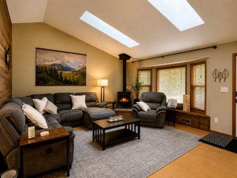 Cozy living room with a comfy sofa, lounge chair, with natural light pouring in from the skylights