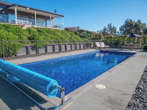The sparkling pool is salt water so the chlorine levels are low.