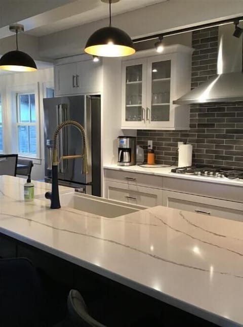 Kitchen and view of island space.