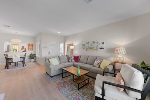 living room open to dining area