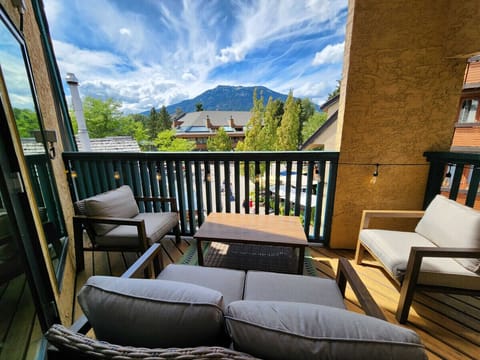 The patio features a four person patio set with views of Whistler Village and the mountains!