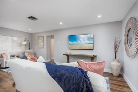 Livingroom with a large, Smart Sony TV for streaming apps.  Includes YouTube TV