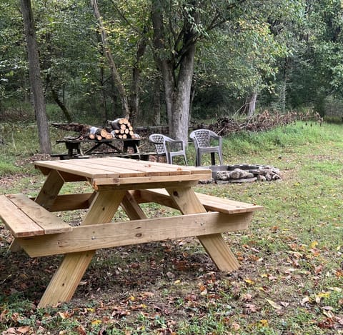 2 Picnic tables, chairs, and fire pit in side yard by house.