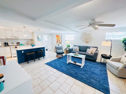 The living room and kitchen. The living room features a sofa bed. 