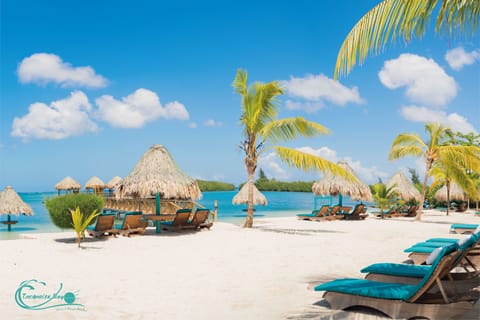 Private beach, white sand, free beach cabanas, sun loungers