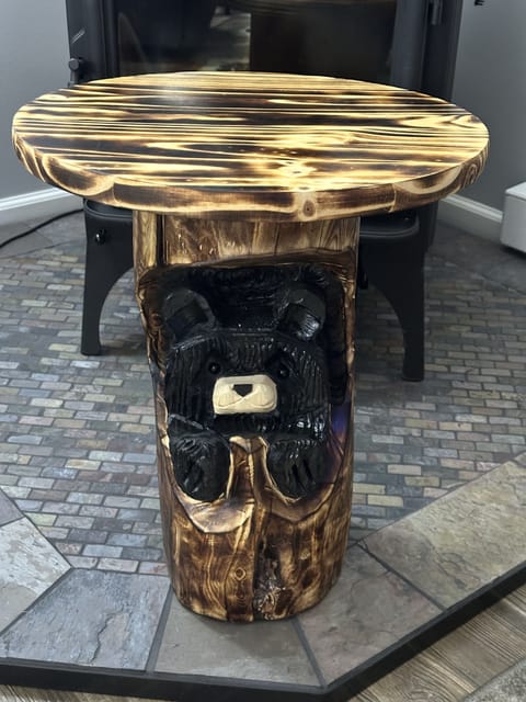 Our bear mascot end table welcomes you to our home!
