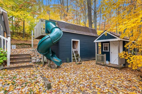 Slide down a pile of leaves sounds like great plan for a little kid!