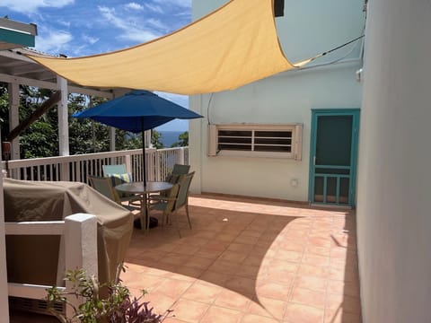 Patio offers Full sized BBQ and stairs down to full washer / dryer