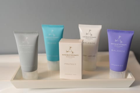 Shower, rainfall showerhead, free toiletries, hair dryer