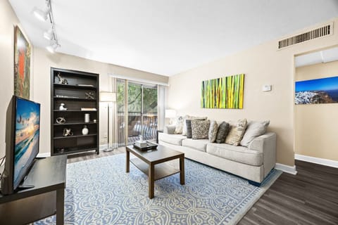 Comfortable living room with large screen TV
