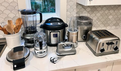 The kitchen is stocked with extra appliances!