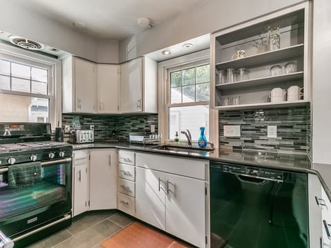 Dishwasher and open cabinets.