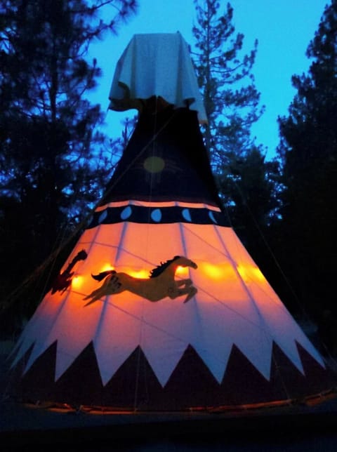 Wild Horses 20' Glamping Tipi... Love camping but don’t want to sacrifice comfort? Our beautifully furnished air-conditioned Tipi has a King size adjustable Serta Hybrid mattress, a mini-fridge & a Keurig coffee maker. Enjoy romantic starry nights on the oversized deck in a peaceful meadow with a propane firepit. Relax by the pond, explore the Oregon Caves, scenic mountains, wi...