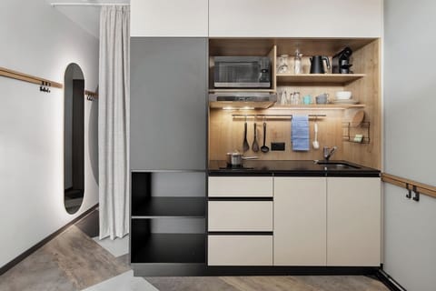 Full-size fridge, microwave, stovetop, dishwasher