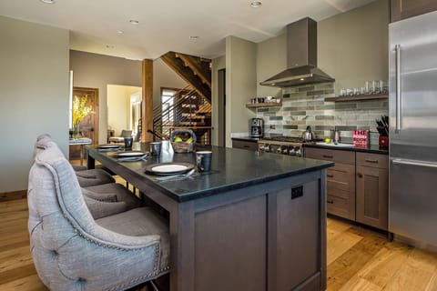 The kitchen is equipped with all Thermador appliances for meal times.