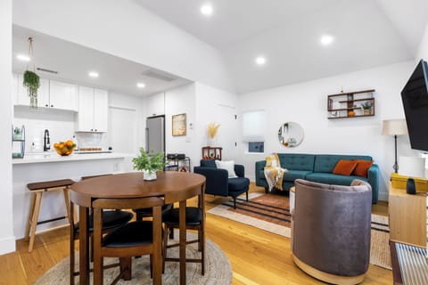 Kitchen, dining area, and living room