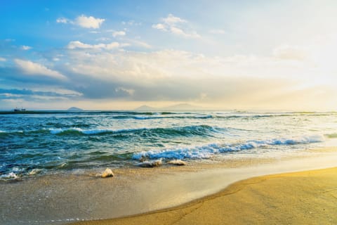 Private beach, white sand, sun loungers, beach yoga