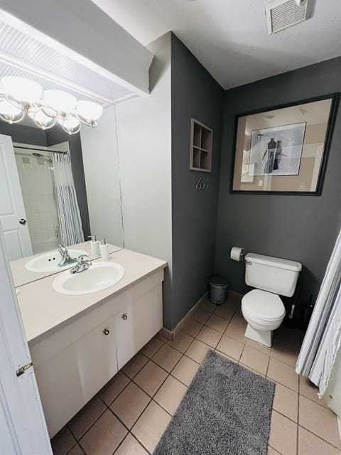 Full bathroom with shampoo, conditioner, body wash, hand soap, hand towels and wash cloths.