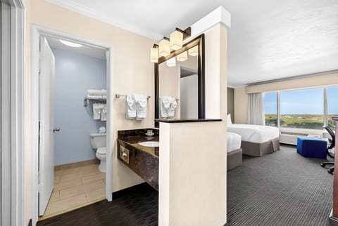 Eco-friendly toiletries, hair dryer, towels