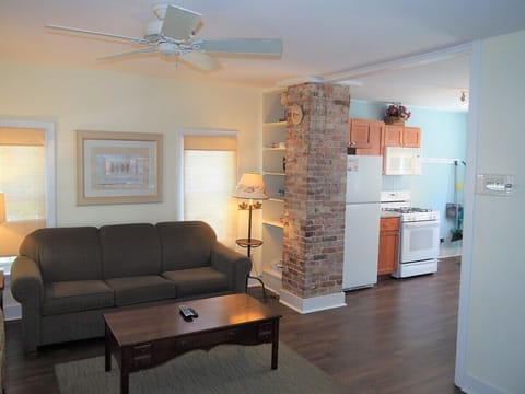 LIVING ROOM: The apartment has a cozy living room with a sofa, chair, ceiling fan, and live streaming television.