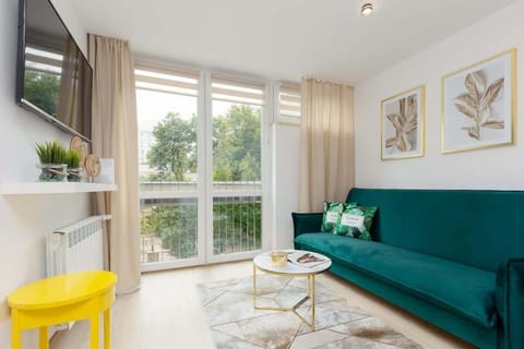 A bright living area with a teal sofa, a round coffee table, and large windows providing natural light.
