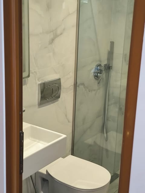 Shower, rainfall showerhead, hair dryer, soap